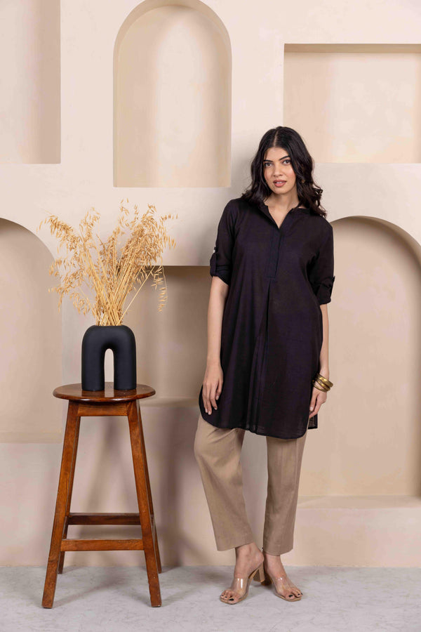 Black Cotton Slub Box Pleat Long Kurta