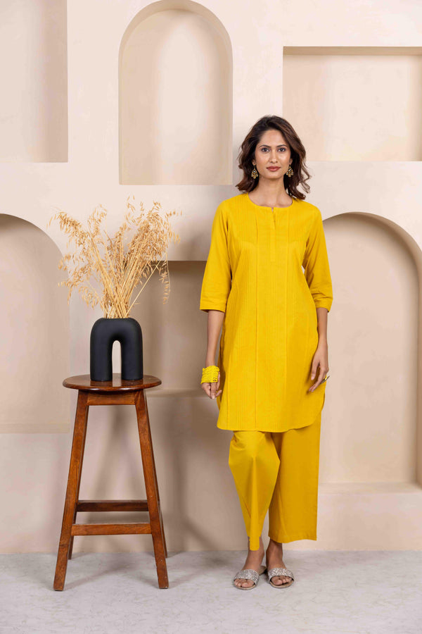 Mustard Everyday cotton pintuck kurta co-ord set