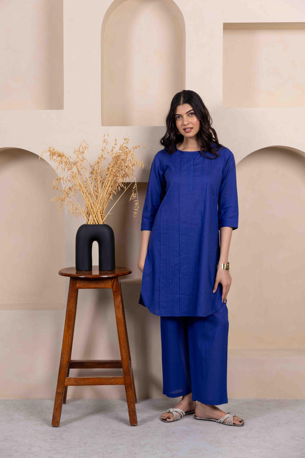 Royal Blue Everyday cotton pintuck kurta co-ord set