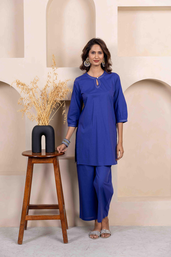 Royal Blue Everyday Cotton Co-ord Set with Zari Embroidery