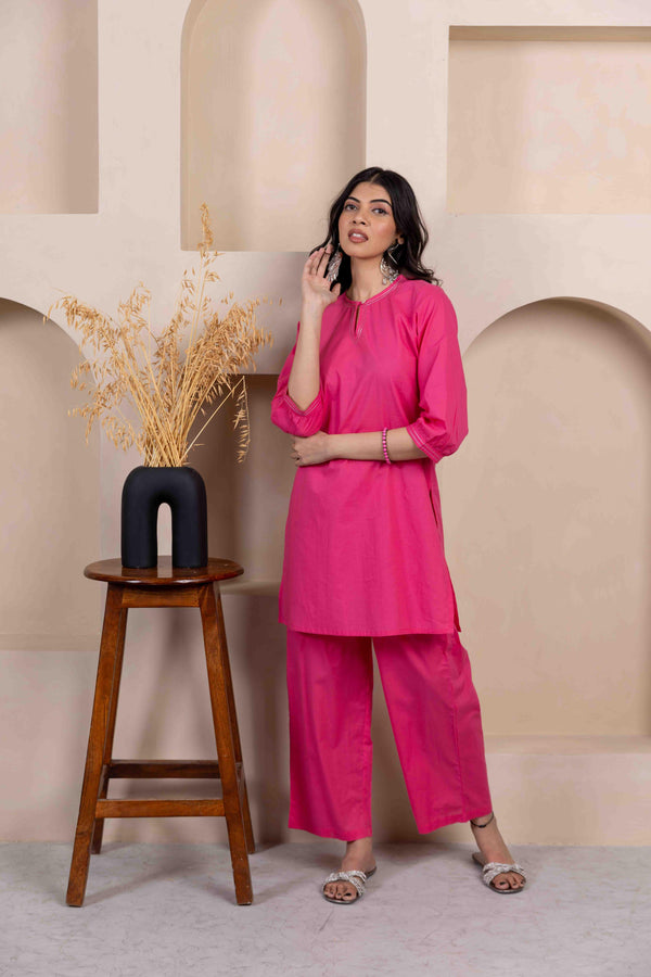 Dark Pink Everyday Cotton Co-Ord Set with Zari Embroidery