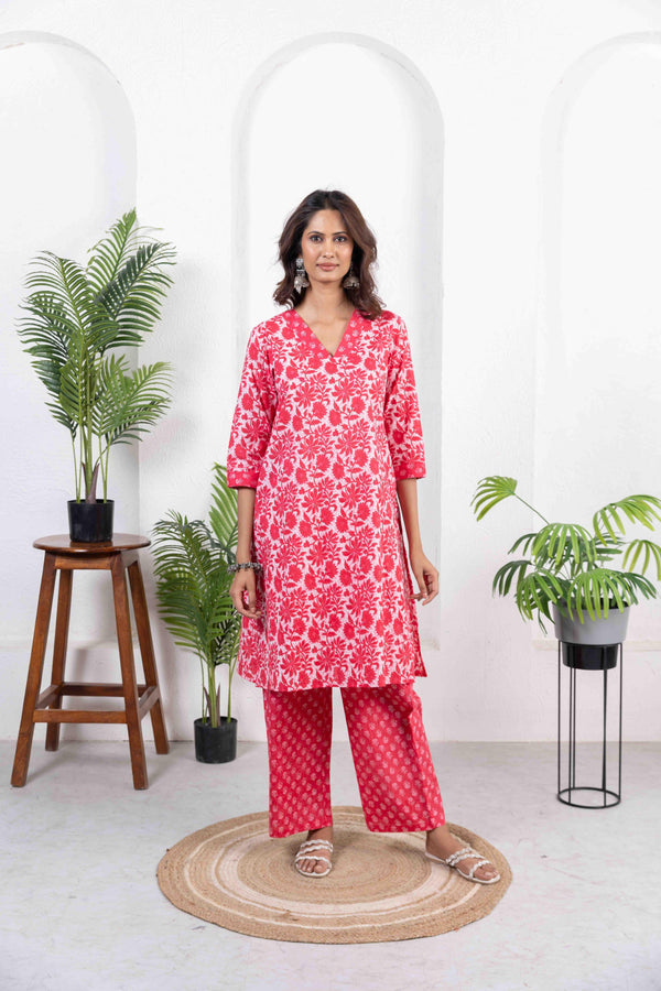 Red Cotton Combo Print Kurta with Palazzo