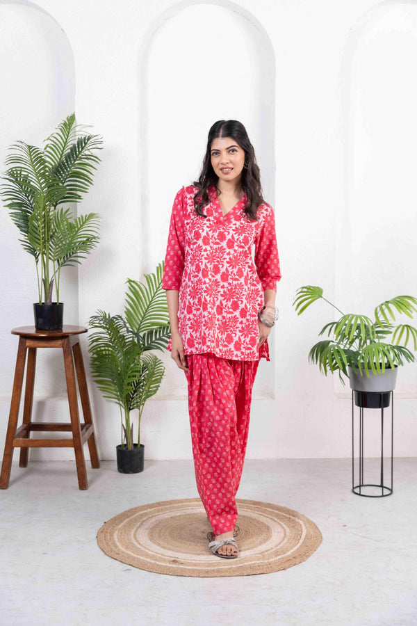 Red Cotton Combo Print Short Kurta with Salwar