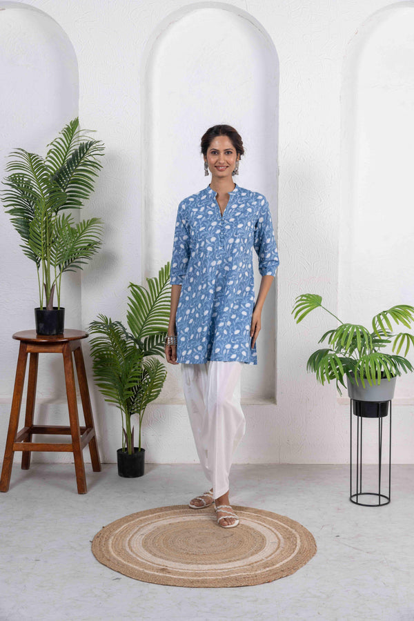 Blue Cotton Printed Kurta with Salwar