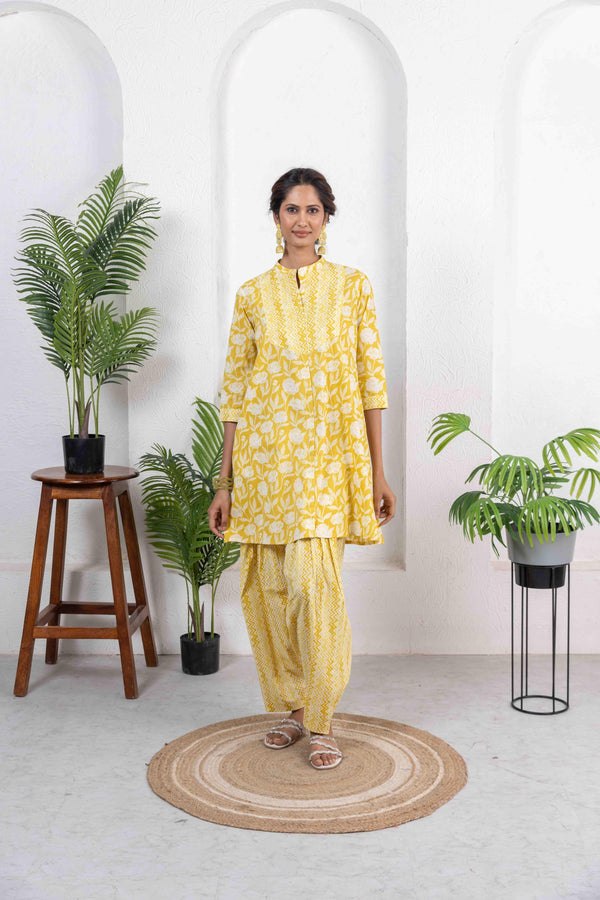 Yellow Cotton Combo Print Kurta with Salwar