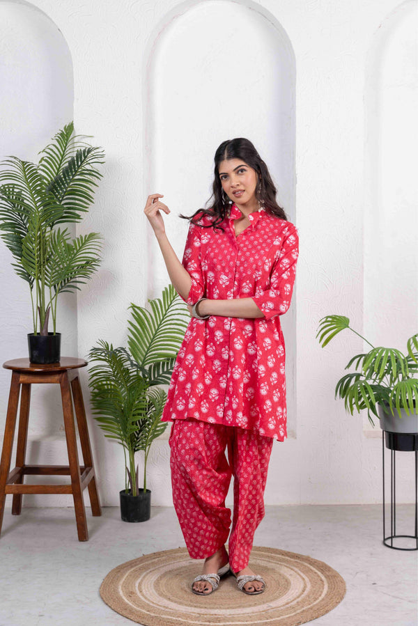 Red Cotton Combo Print Kurta with Salwar