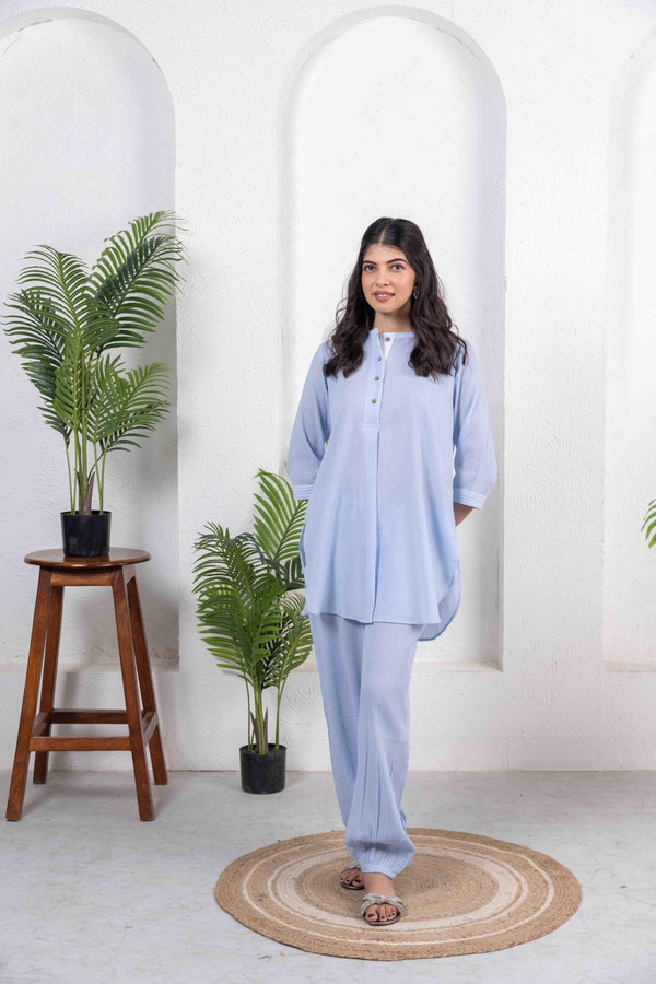 Cotton Crepe Co-Ord Set With thread embroidery -Light Blue