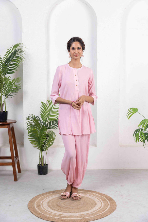 Cotton Crepe Co-Ord Set With thread embroidery - Baby Pink