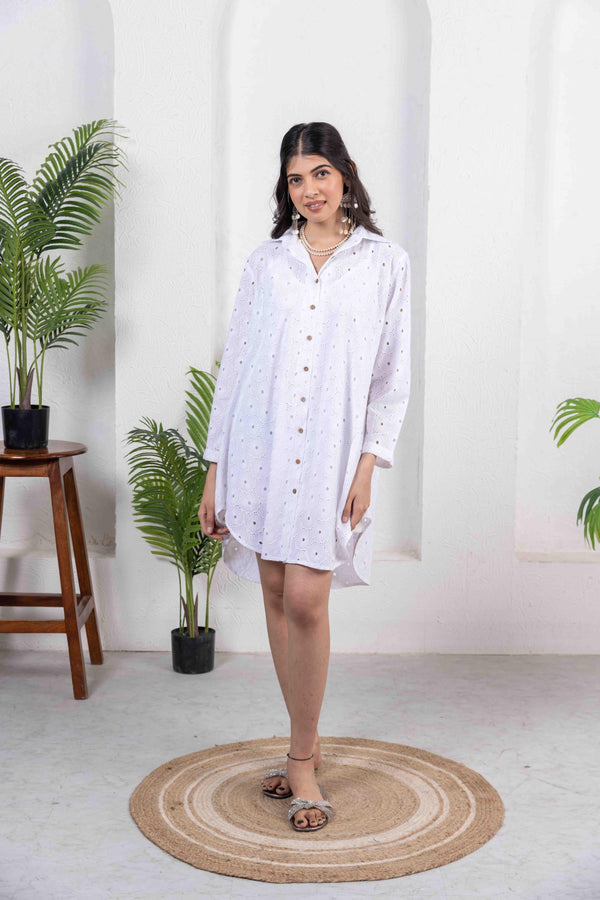 Schiffli Shirt Dress -White