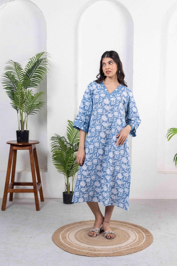 Blue Cotton Combo Print Long Dress