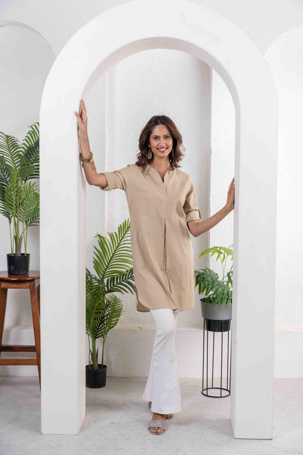 Beige Cotton Slub Box Pleat Long Kurta