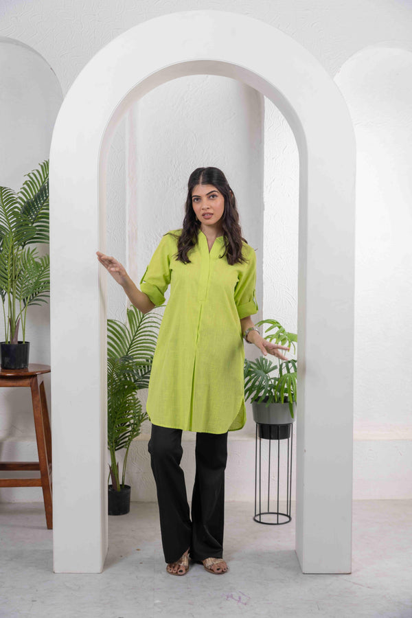 Lime Green Cotton Slub Box Pleat Long Kurta