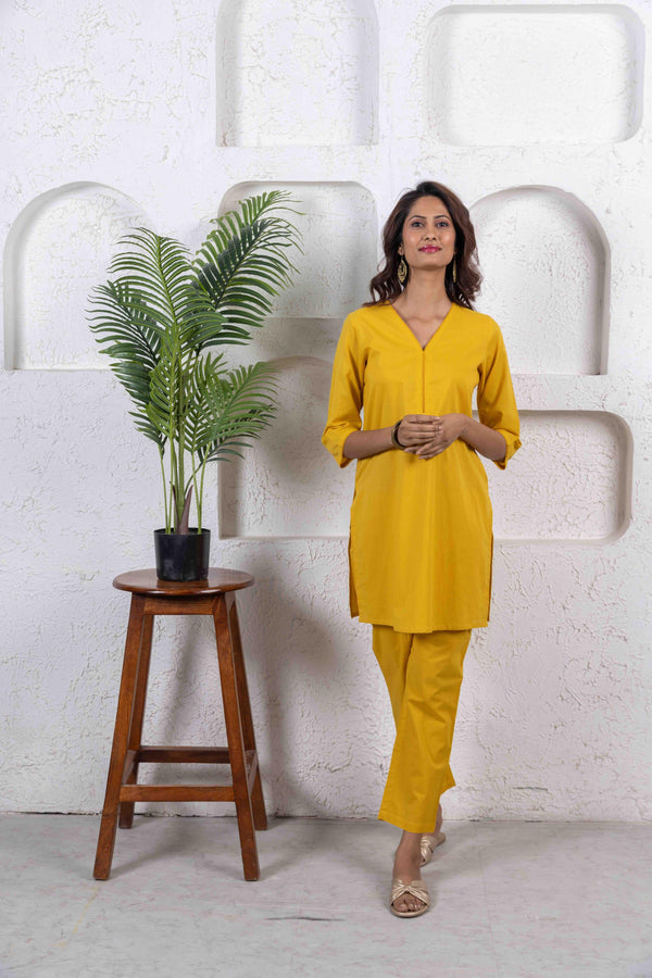 Mustard Everyday Cotton Co-Ord Set with Lace Detail