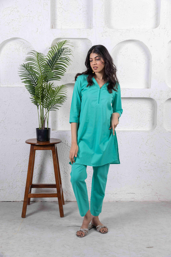 Sea Green Everyday Cotton Co-Ord Set with Lace Detail