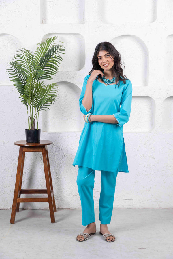 Turquoise Everyday Co-Ord Set with Thread Embroidery