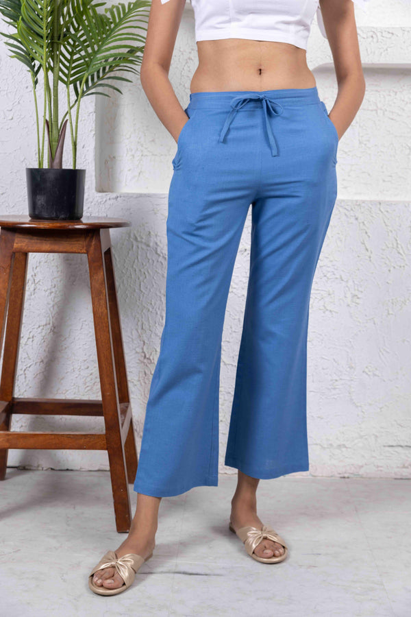 Blue Cotton Flax Pants with Drawstring