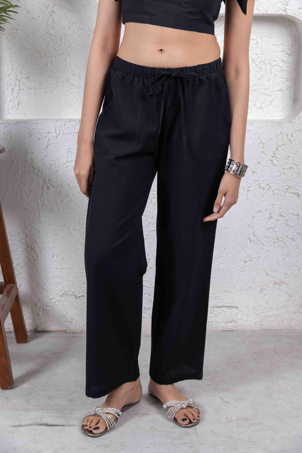 Blackcotton flax elasticated waist pants with drawstring