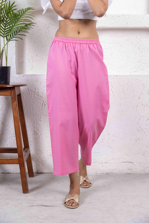 Medium Pink Cotton Flax Elasticated Waist Pants