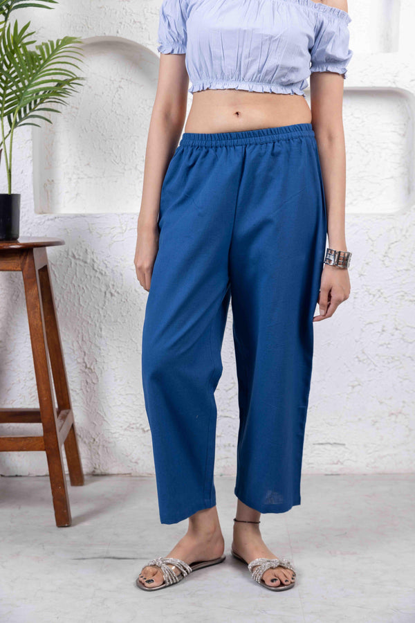 Royal Blue Cotton Flax Elasticated Waist Pants