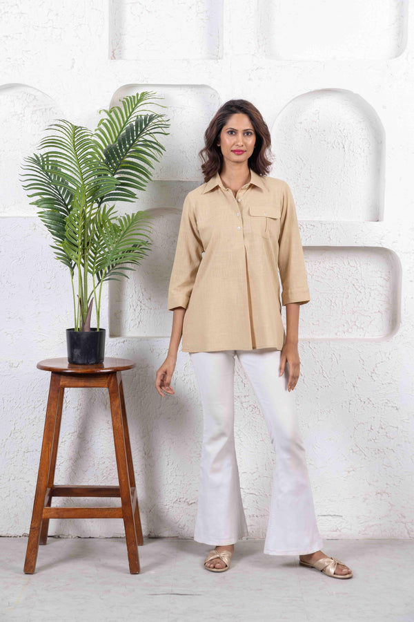 Beige Regular Collar Top with Pocket