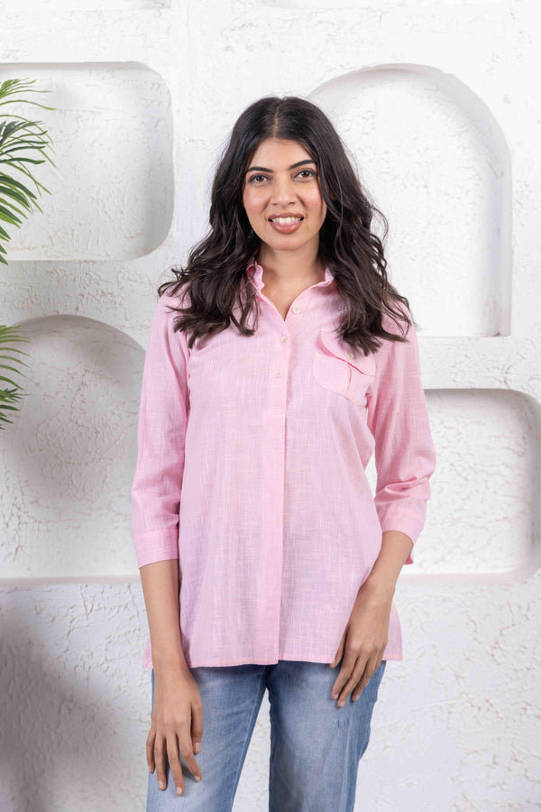 Light Pink Regular Collar Top with Pocket