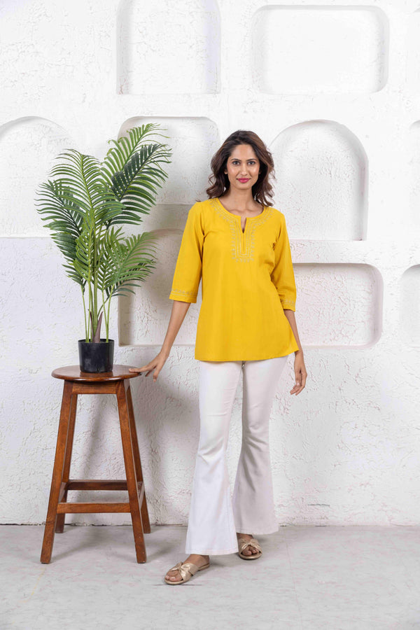 Mustard Casual Cotton Aari Embroidery Kurta