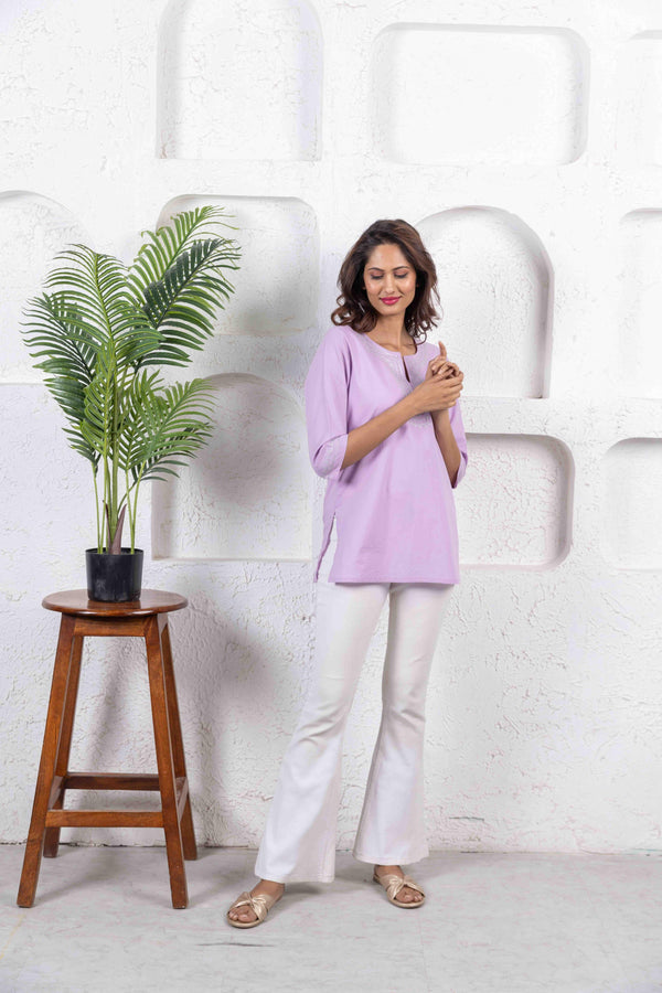 Lilac Casual Cotton Aari Embroidery Kurta