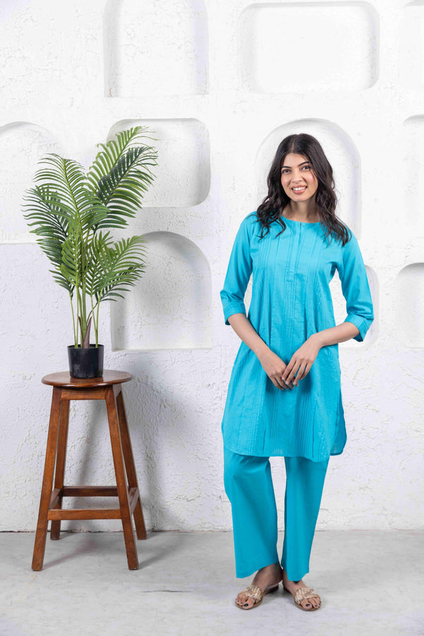 Turquoise Everyday cotton pintuck kurta co-ord set