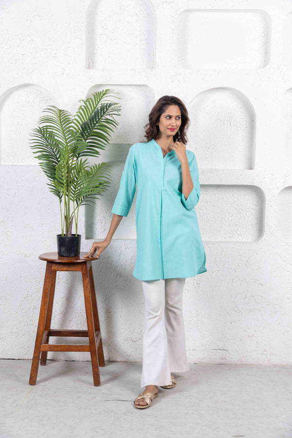 Sea Green Cotton Slub Box Pleat Long Kurta