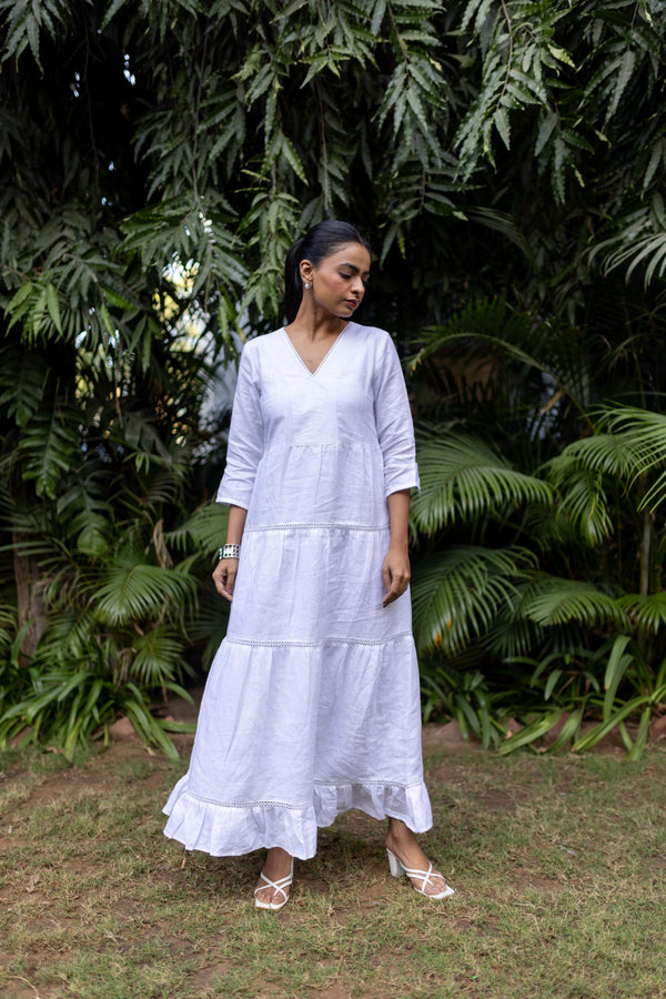 Linen Long Lace Dress - White