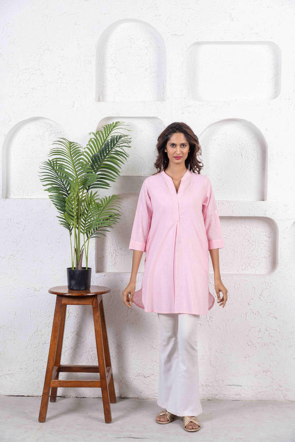 Light Pink Cotton Slub Box Pleat Long Kurta