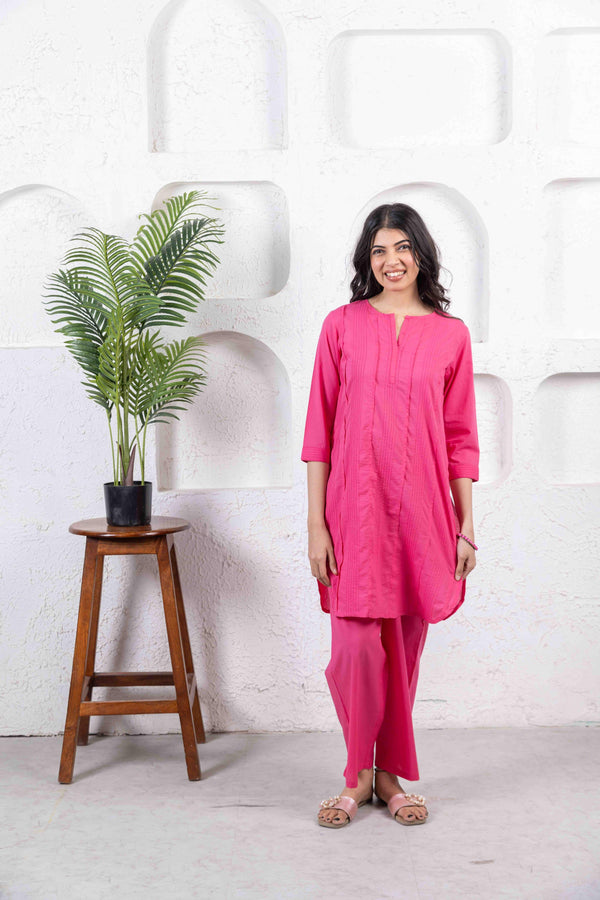 Dark Pink Everyday cotton pintuck kurta co-ord set