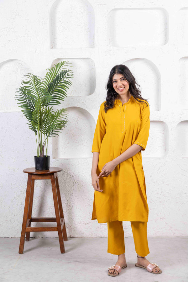 Mustard Long Kurta Co-ord set with Handwork