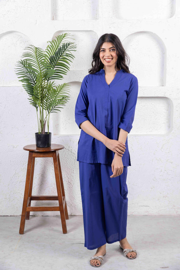 Royal Blue Casual Cotton Co-ord Set with Lace Detail