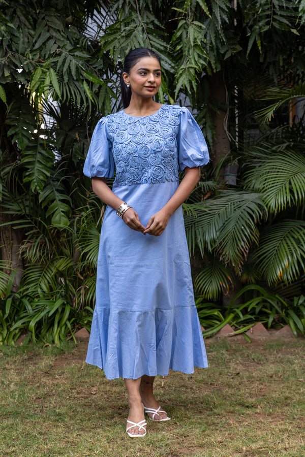 Pure Cotton Rose Dress - Light Blue