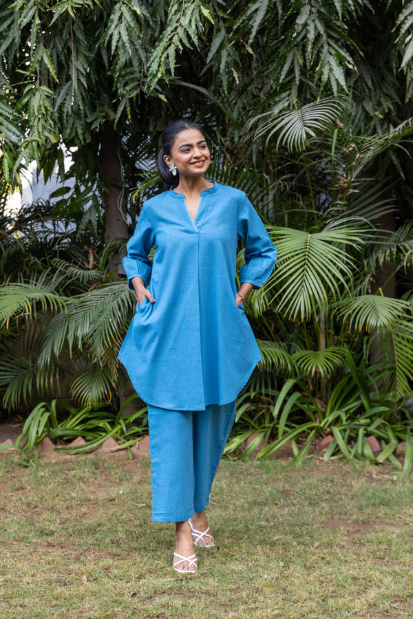 Cotton Slub Co-ord Set With Hand Embroidery- Blue