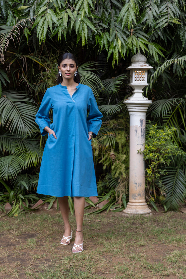 Cotton Slub Dress With Hand Embroidery - Blue