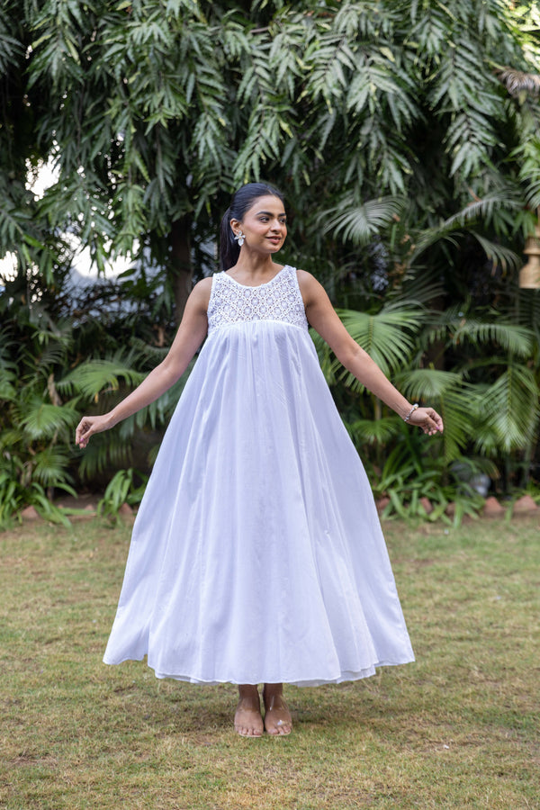 Lace Yoke Cotton Dress - White