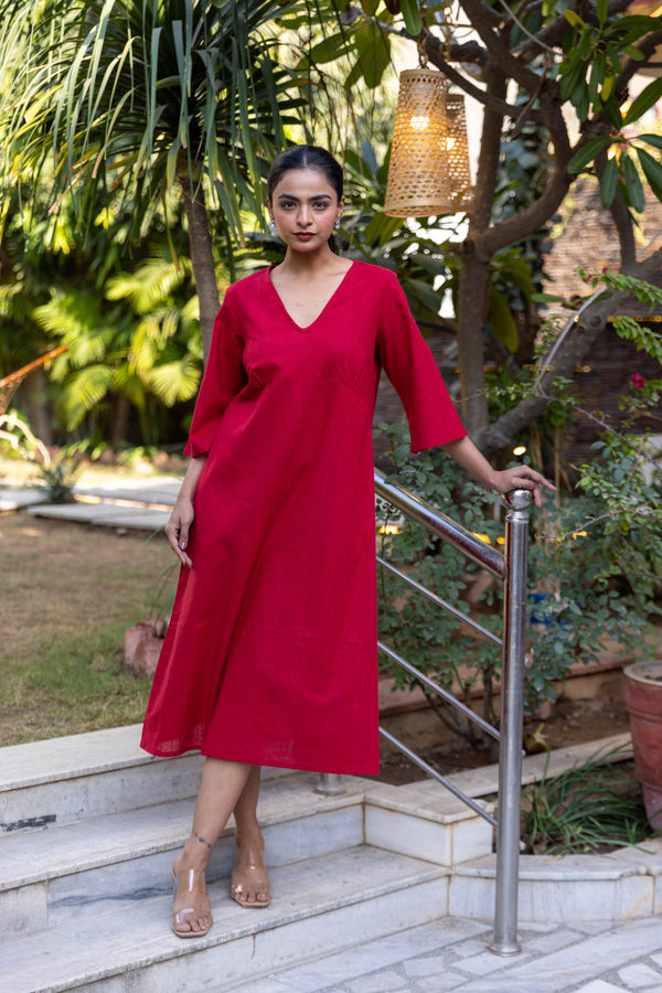 Cotton Slub Yoke Dress - Maroon