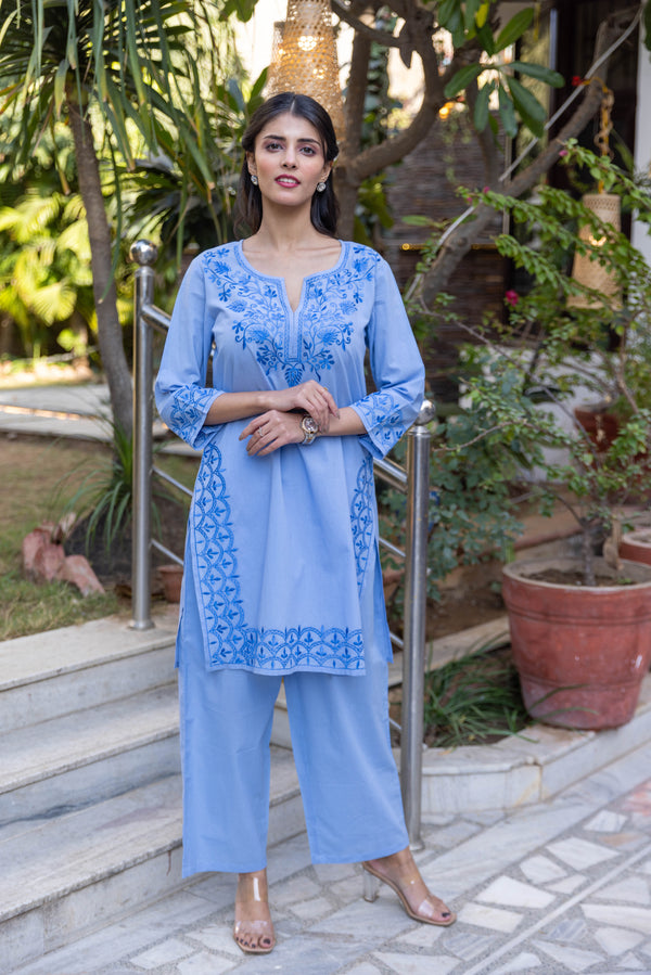 Long Embroidered Paisley Kurta With Palazzo - Light Blue