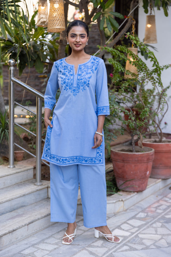 Long Embroidered Kurta With Palazzo - Light Blue