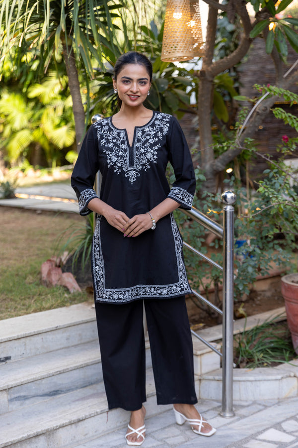 Long Embroidered Kurta With Palazzo - Black