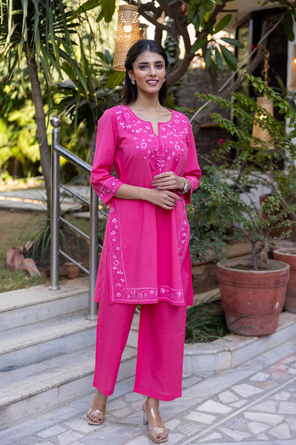 Long Embroidered Kurta With Palazzo - Dark Pink