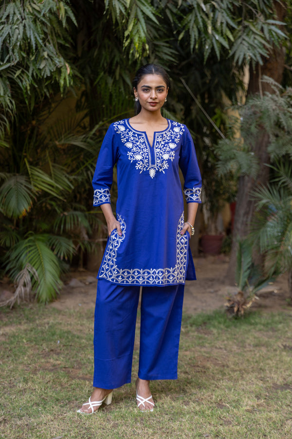 Long Embroidered Paisley Kurta With Palazzo - Royal Blue