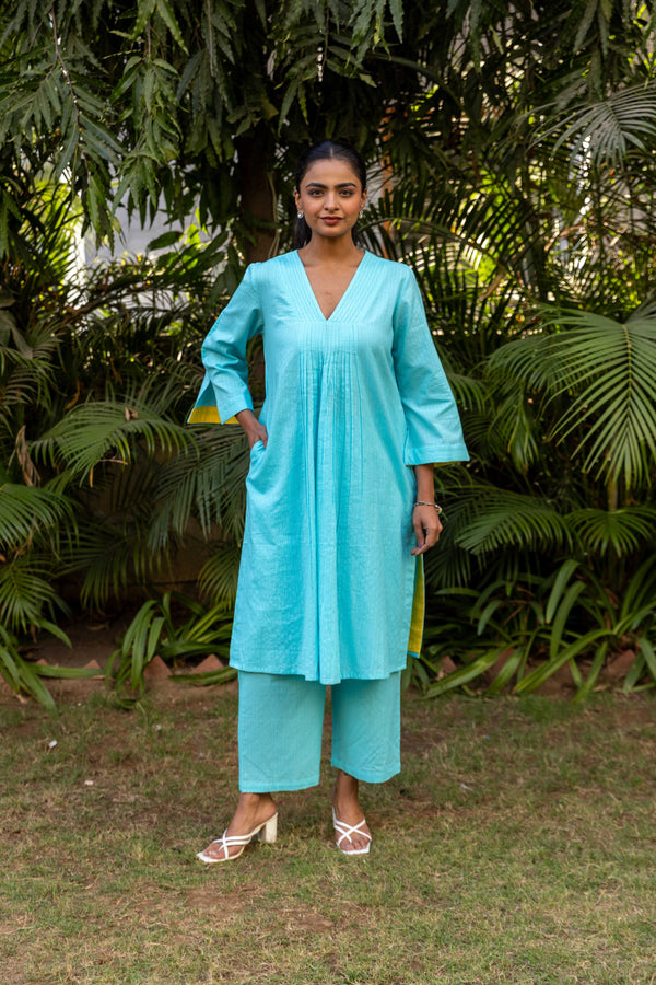 Cotton Kantha Co-ord Set - Turquoise