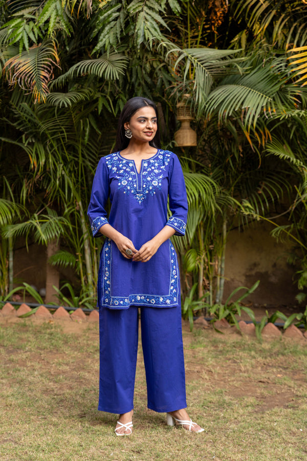 Long Embroidered Kurta With Palazzo - Royal Blue