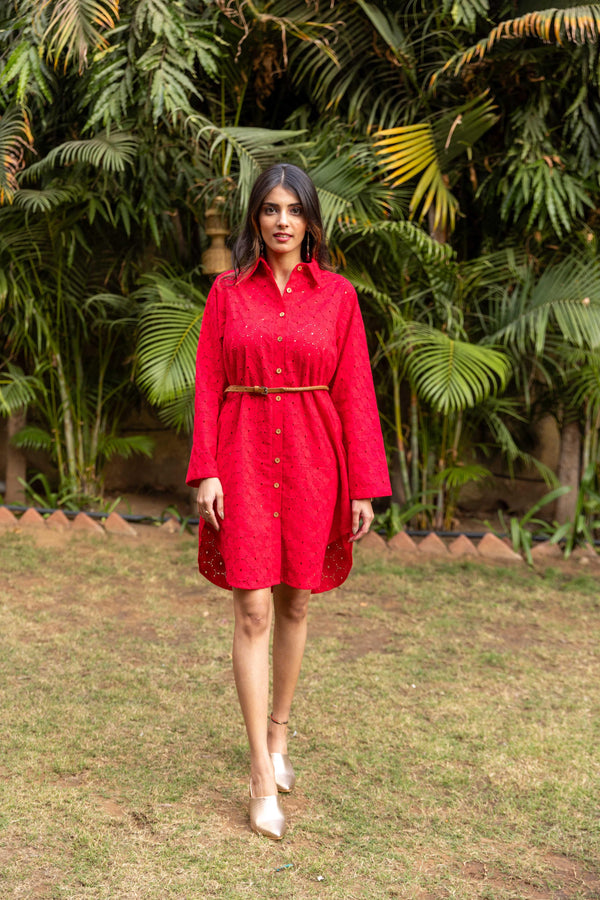 Schiffli Shirt Dress - Red