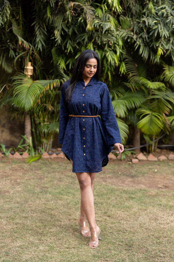 Schiffli Shirt Dress - Navy