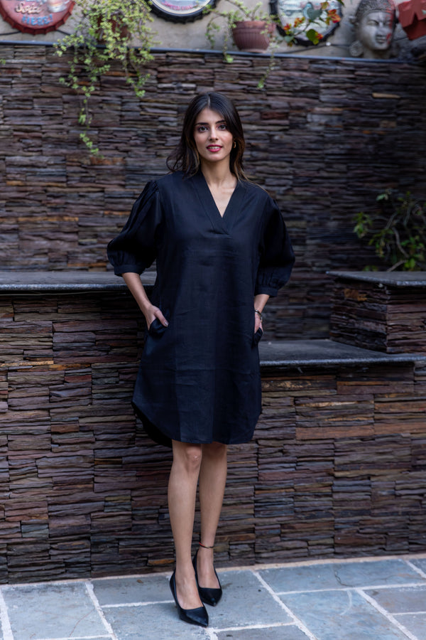 Linen Short Sleeve Dress - Black