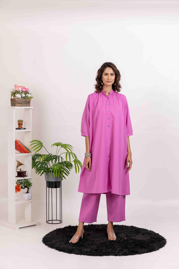 Medium Pink Long Mandarin Collor Kurta With pants